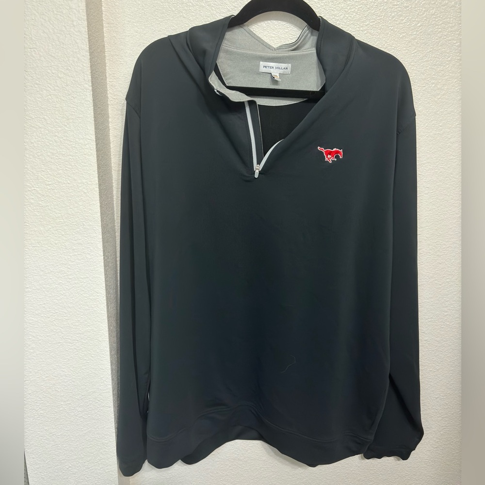 Peter Millar black quarter zip with SMU logo and performance fabric
